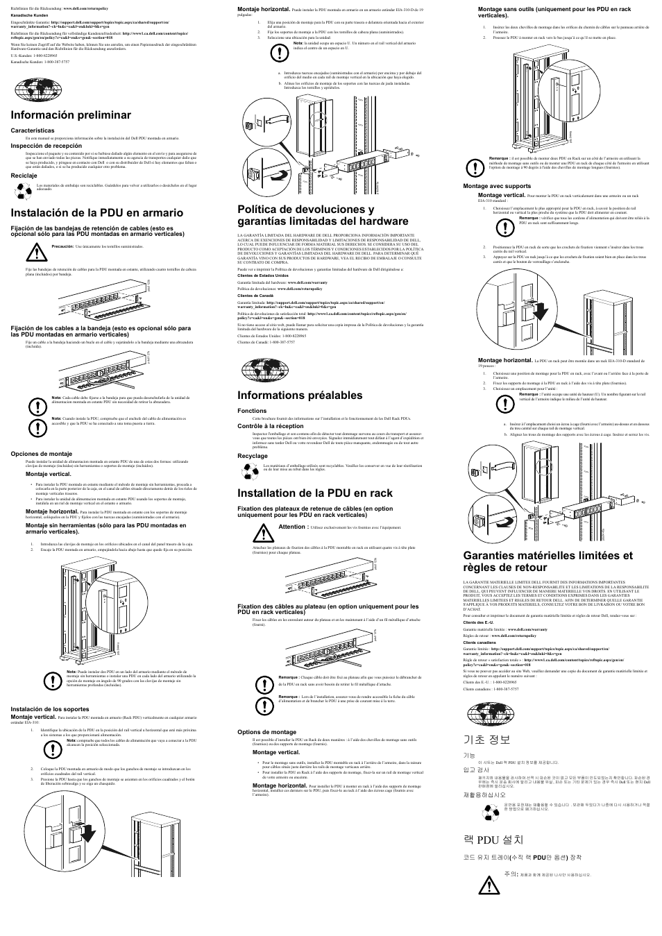 Información preliminar, Instalación de la pdu en armario, Informations préalables | Installation de la pdu en rack, Garanties matérielles limitées et règles de retour, 기초 정보, 랙pdu 설치 | Dell Basic PDU User Manual | Page 2 / 4