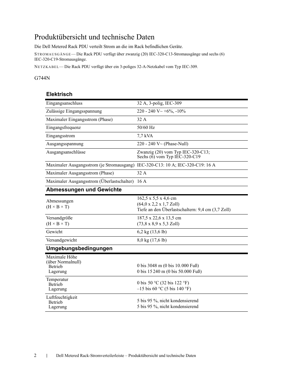 Produktübersicht und technische daten | Dell Metered PDU LED User Manual | Page 14 / 32