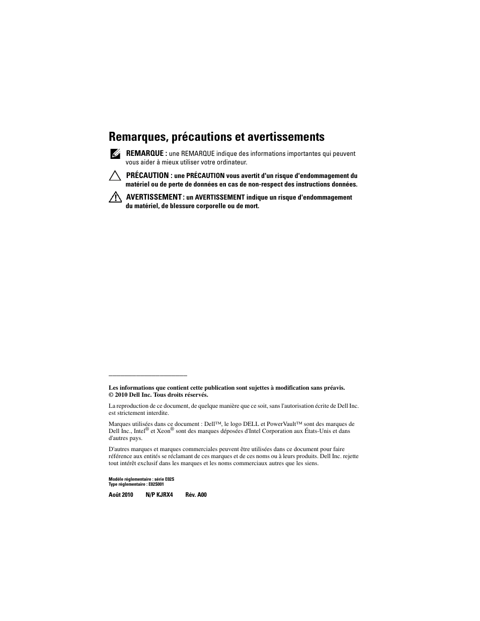 Remarques, précautions et avertissements | Dell DX6004S User Manual | Page 24 / 108