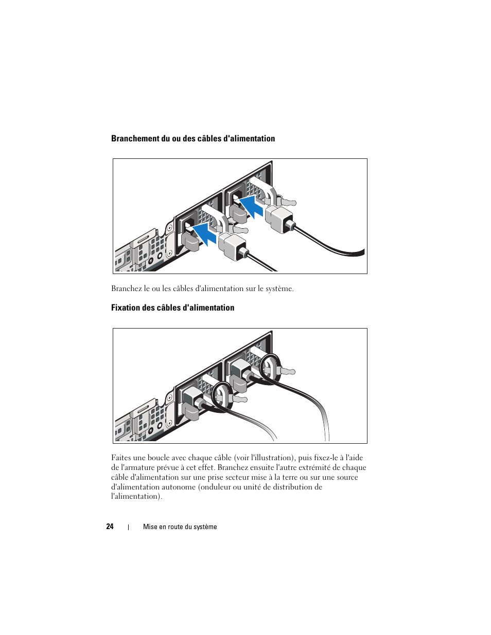 Branchement du ou des câbles d'alimentation, Fixation des câbles d'alimentation | Dell DX6004S User Manual | Page 26 / 108