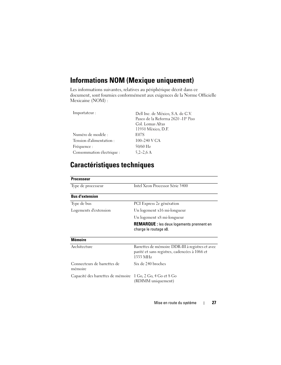 Informations nom (mexique uniquement), Caractéristiques techniques | Dell DX6004S User Manual | Page 29 / 108