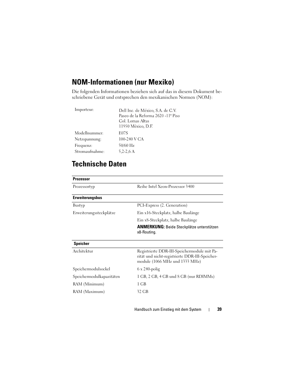 Nom-informationen (nur mexiko), Technische daten | Dell DX6004S User Manual | Page 41 / 108