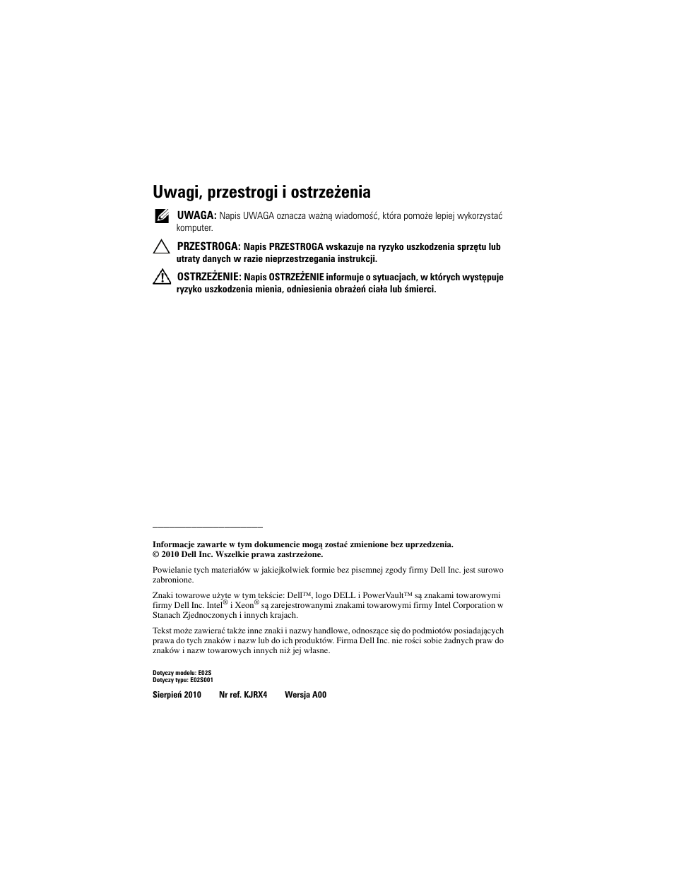 Uwagi, przestrogi i ostrzeżenia | Dell DX6004S User Manual | Page 56 / 108