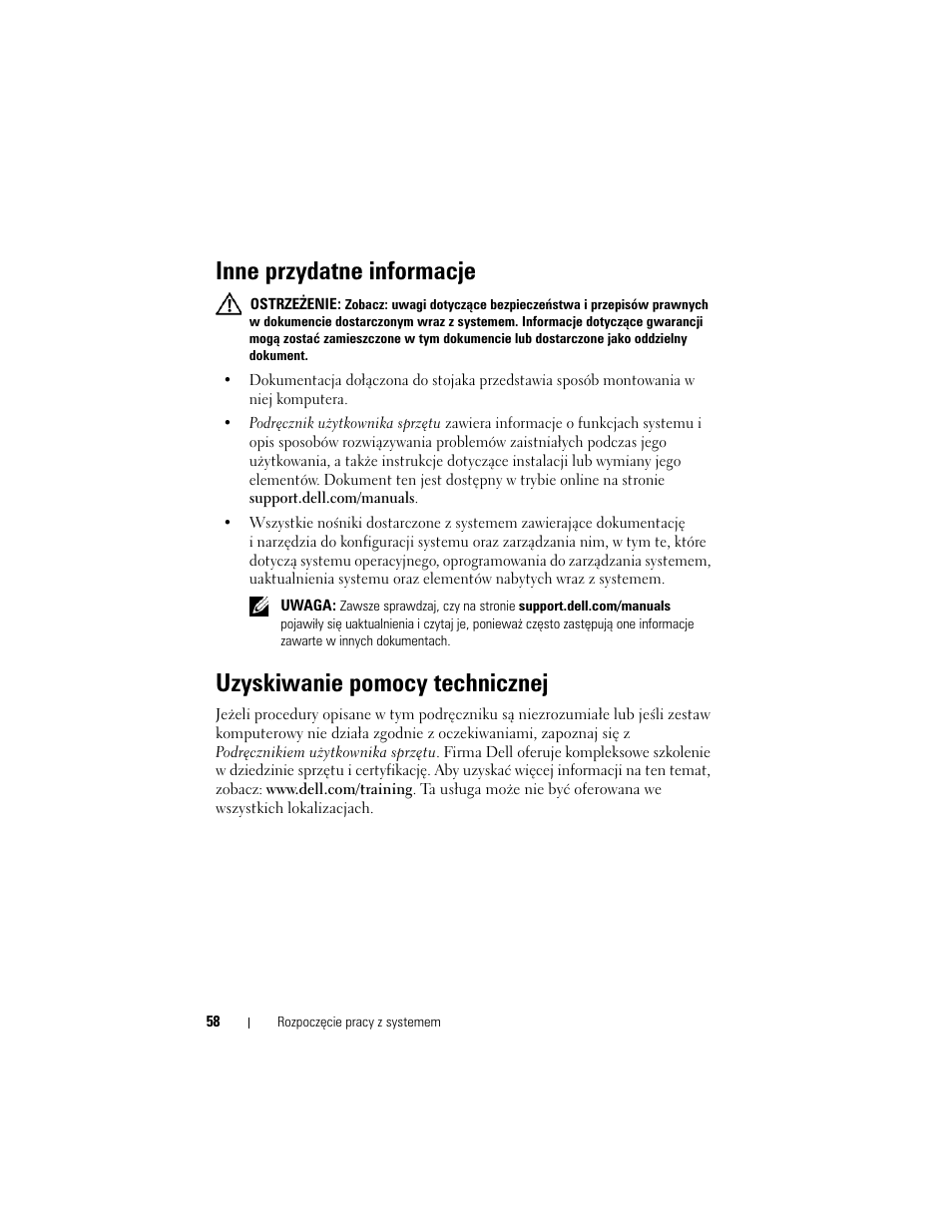 Inne przydatne informacje, Uzyskiwanie pomocy technicznej | Dell DX6004S User Manual | Page 60 / 108
