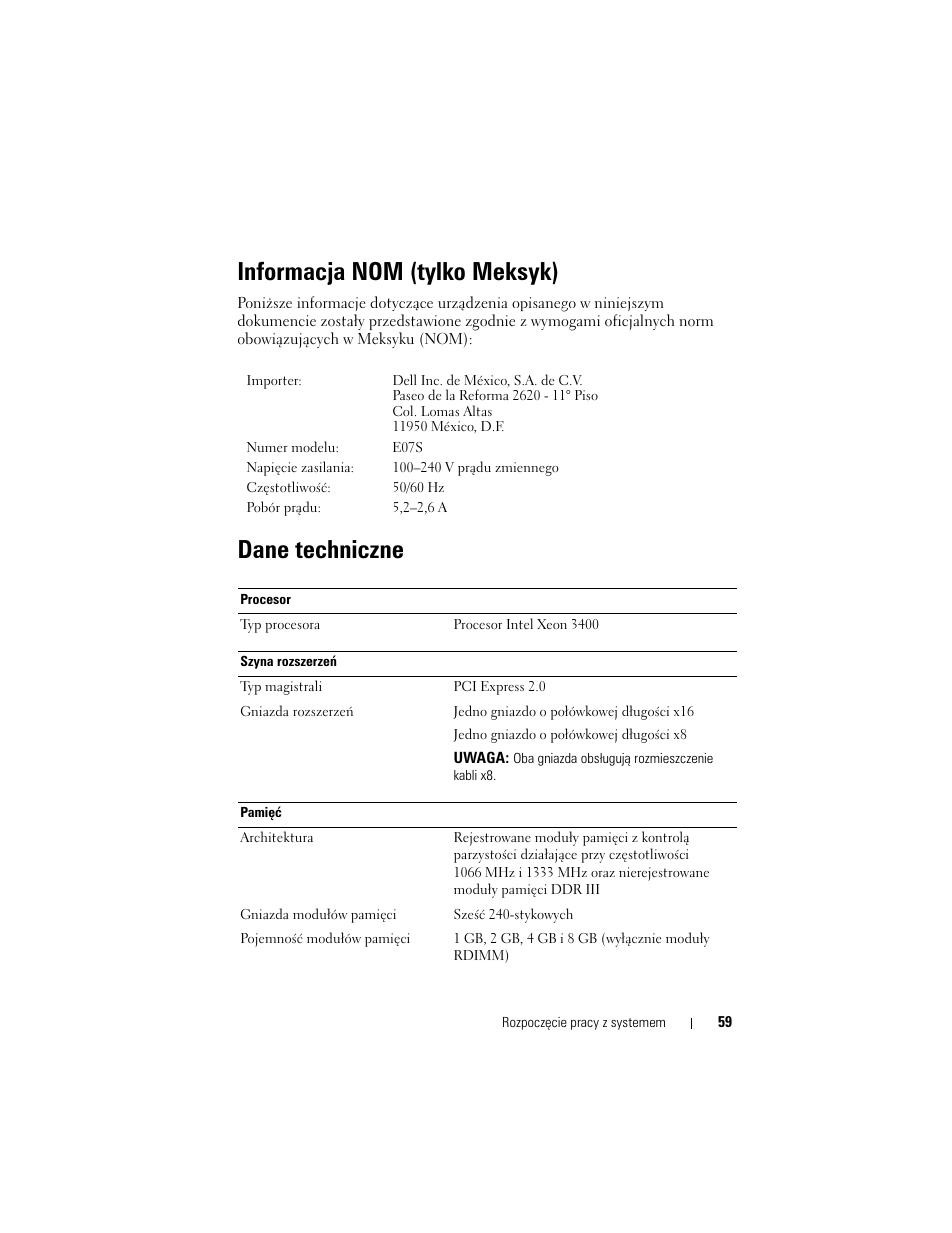 Informacja nom (tylko meksyk), Dane techniczne | Dell DX6004S User Manual | Page 61 / 108