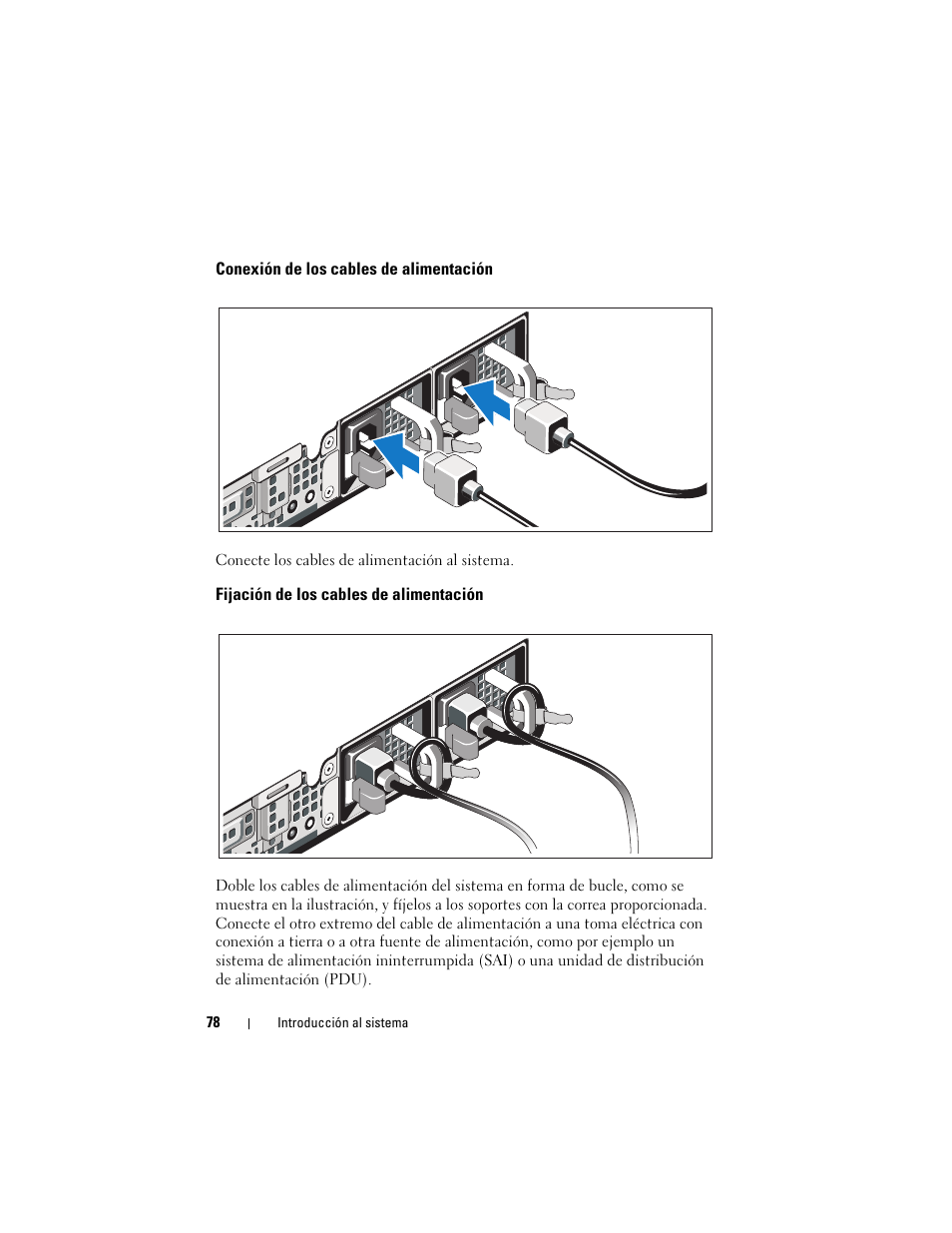 Conexión de los cables de alimentación, Fijación de los cables de alimentación | Dell DX6004S User Manual | Page 80 / 108