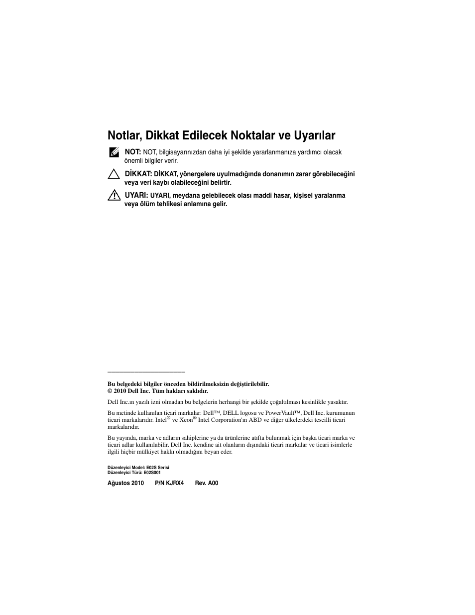 Notlar, dikkat edilecek noktalar ve uyarılar | Dell DX6004S User Manual | Page 88 / 108