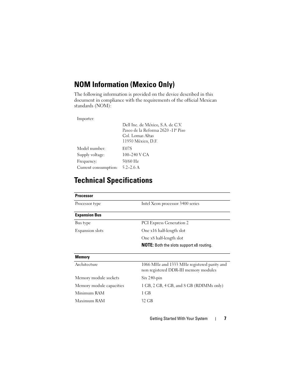 Nom information (mexico only), Technical specifications | Dell DX6004S User Manual | Page 9 / 108