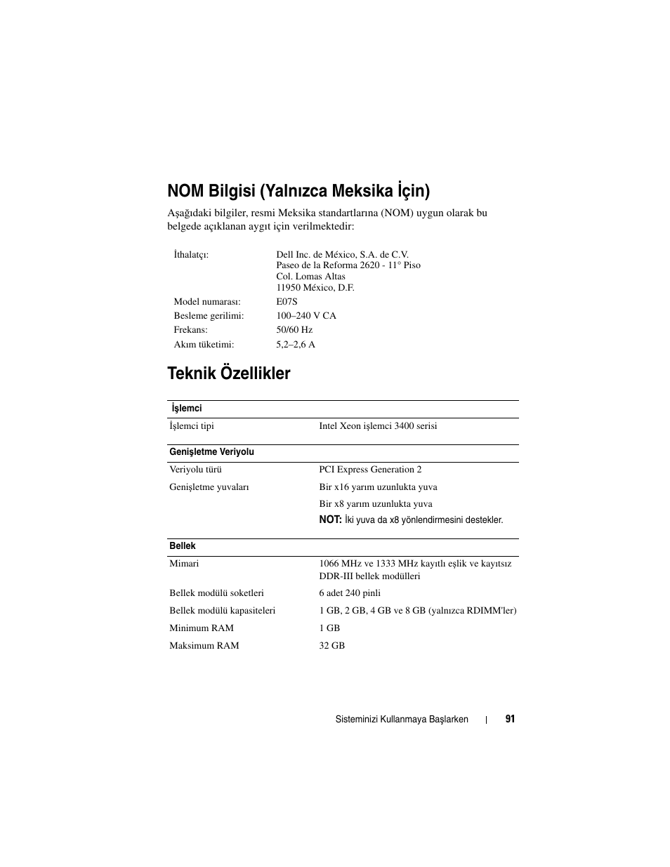 Nom bilgisi (yalnızca meksika için), Teknik özellikler, Nom bilgisi (yalnızca meksika i çin) | Dell DX6004S User Manual | Page 93 / 108