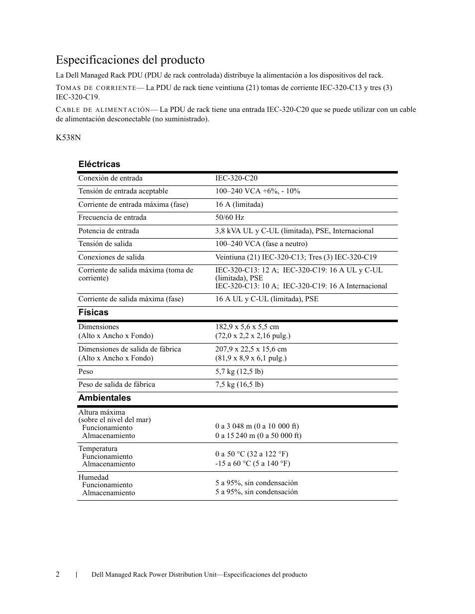 Especificaciones del producto | Dell Managed PDU LED User Manual | Page 10 / 36