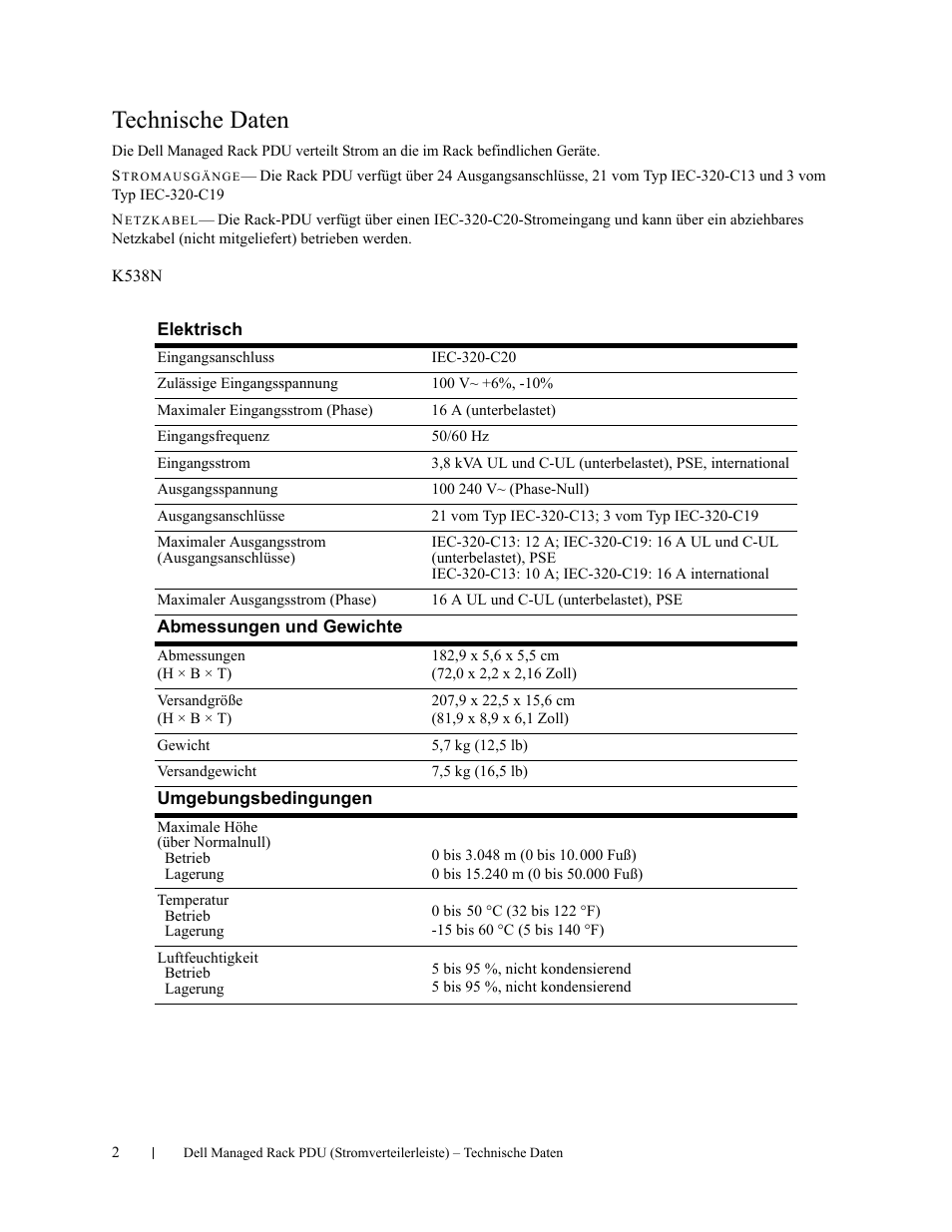 Technische daten | Dell Managed PDU LED User Manual | Page 14 / 36