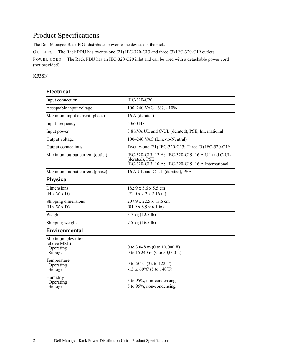 Product specifications | Dell Managed PDU LED User Manual | Page 2 / 36