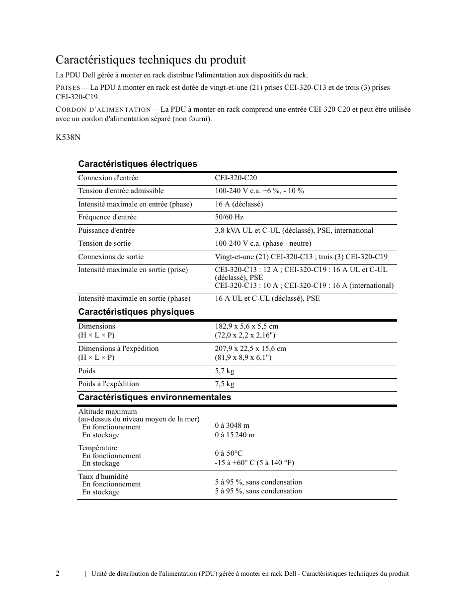 Caractéristiques techniques du produit | Dell Managed PDU LED User Manual | Page 6 / 36