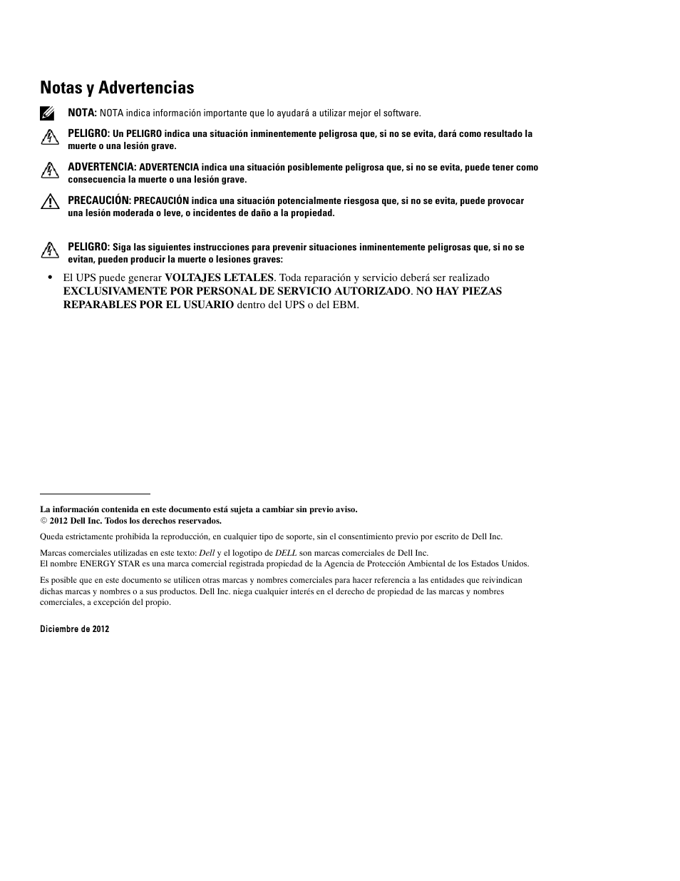 Notas y advertencias | Dell UPS 10000R User Manual | Page 112 / 244
