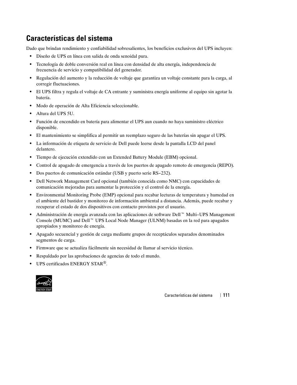 Características del sistema | Dell UPS 10000R User Manual | Page 113 / 244