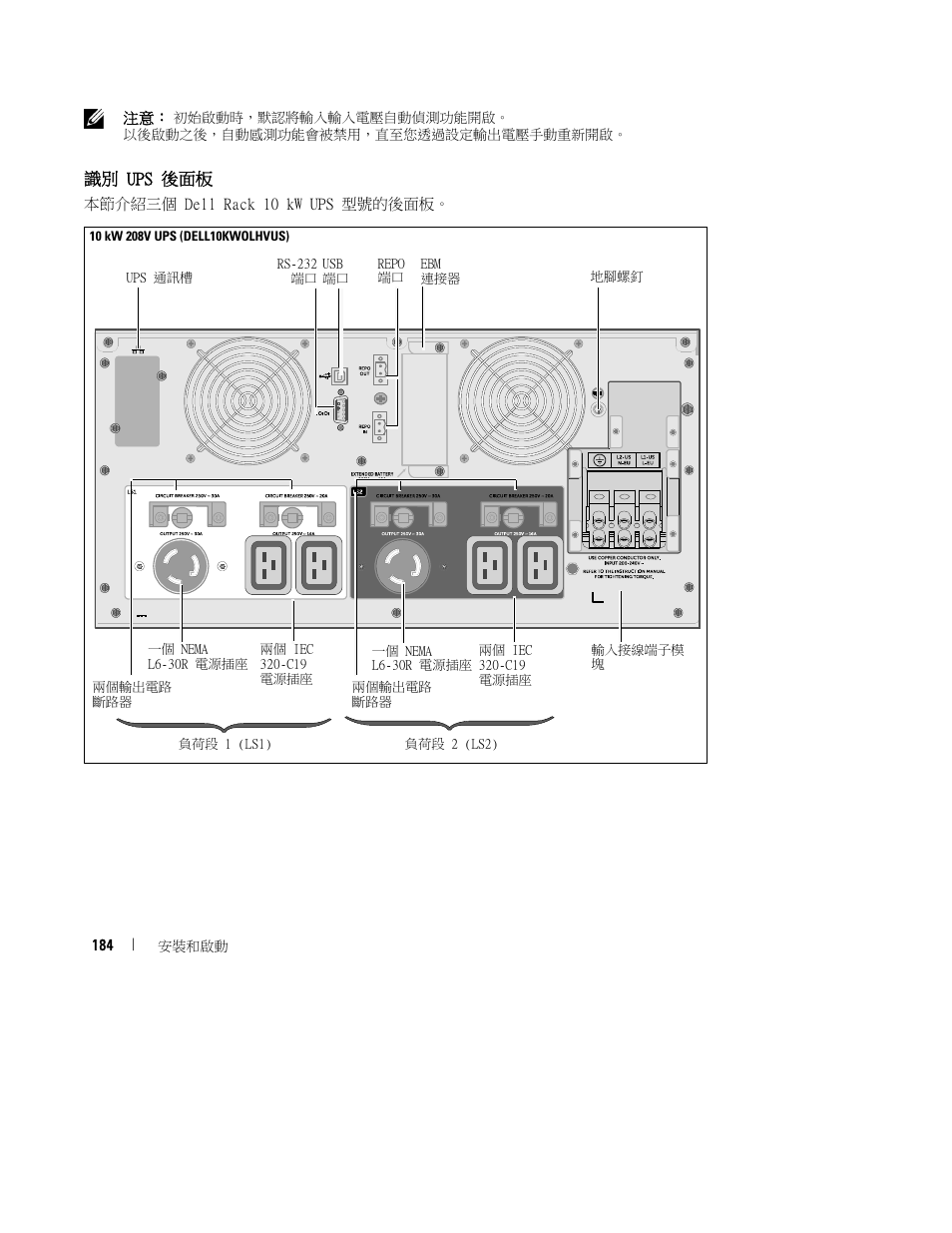 識別 ups 後面板 | Dell UPS 10000R User Manual | Page 186 / 244