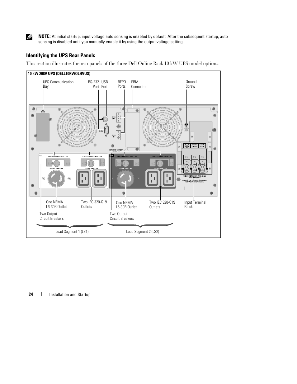 Identifying the ups rear panels | Dell UPS 10000R User Manual | Page 26 / 244