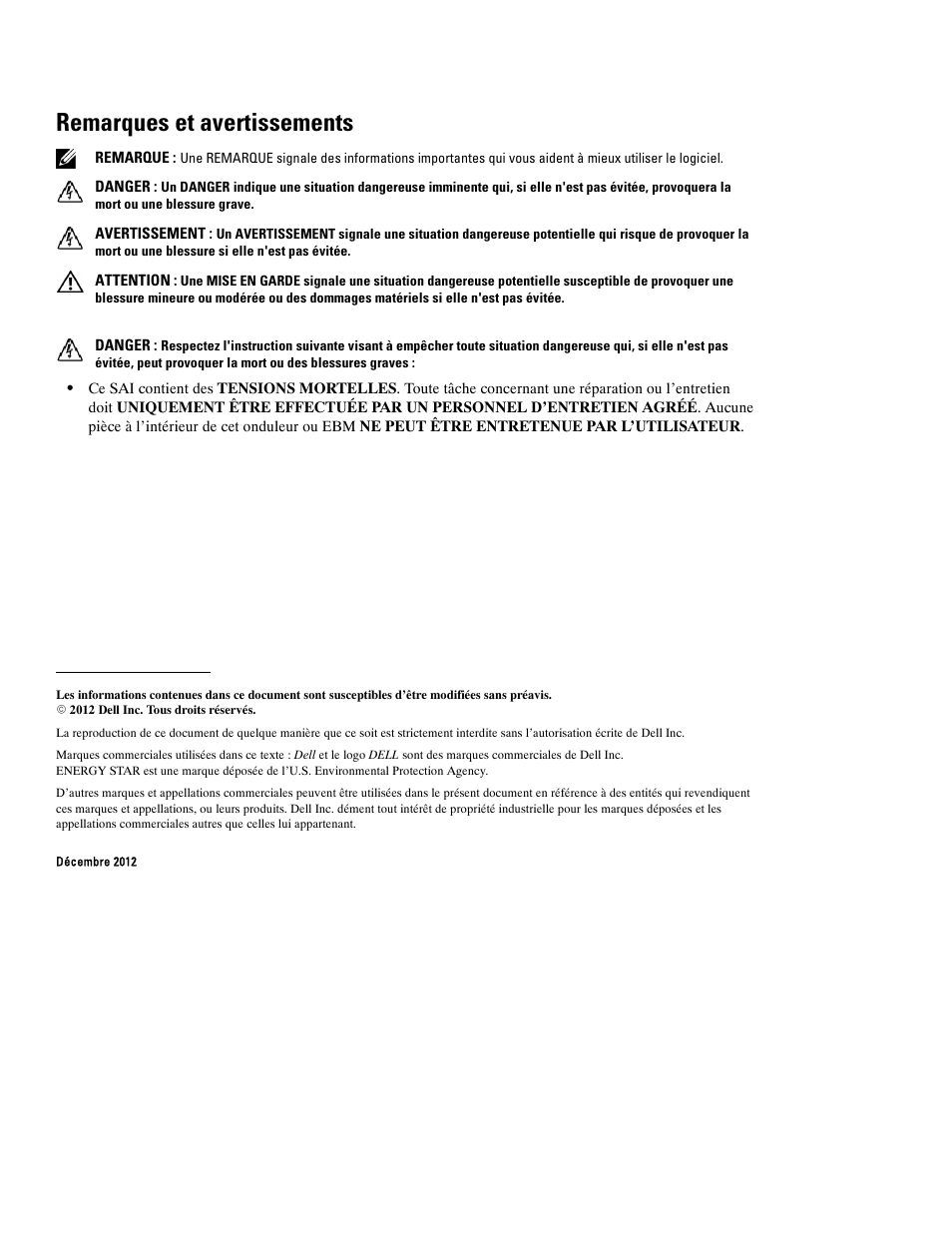 Remarques et avertissements | Dell UPS 10000R User Manual | Page 30 / 244