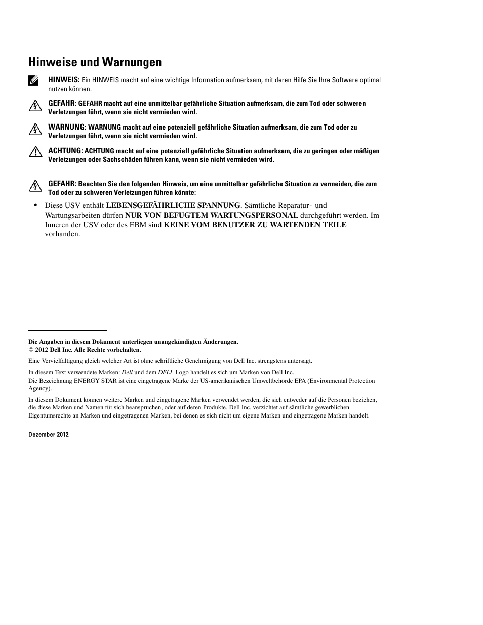 Hinweise und warnungen | Dell UPS 10000R User Manual | Page 58 / 244