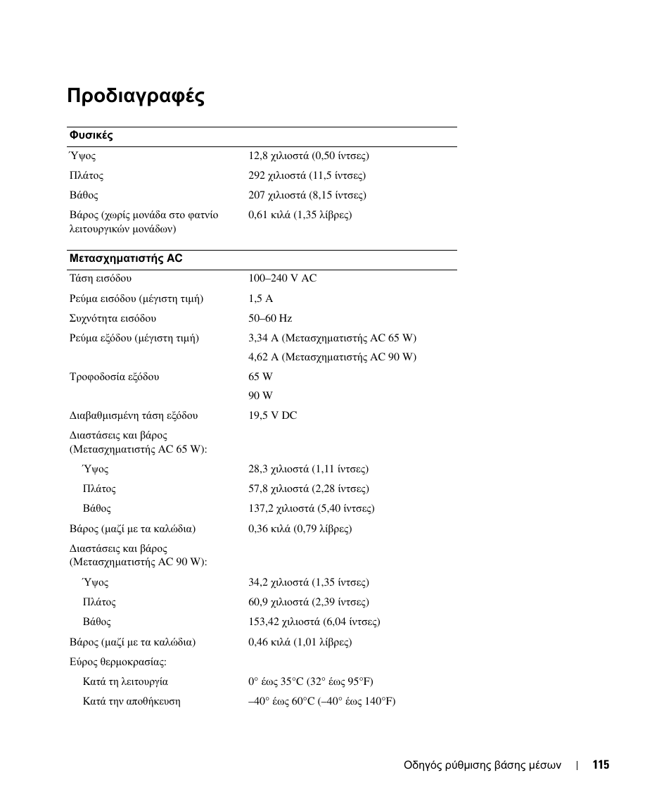 Προδιαγραφές | Dell Latitude D430 User Manual | Page 117 / 250