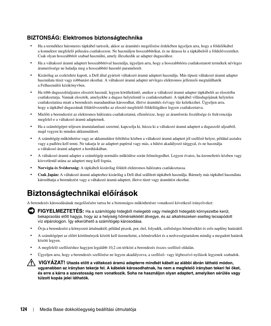 Biztonság: elektromos biztonságtechnika, Biztonságtechnikai előírások, Biztonságtechnikai el | Ő írások, Biztonságtechnikai el ő írások | Dell Latitude D430 User Manual | Page 126 / 250