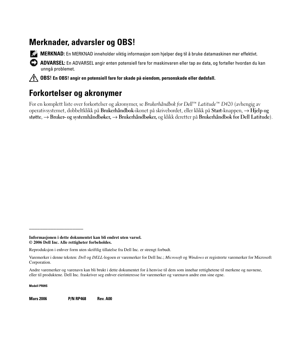 Merknader, advarsler og obs, Forkortelser og akronymer | Dell Latitude D430 User Manual | Page 144 / 250