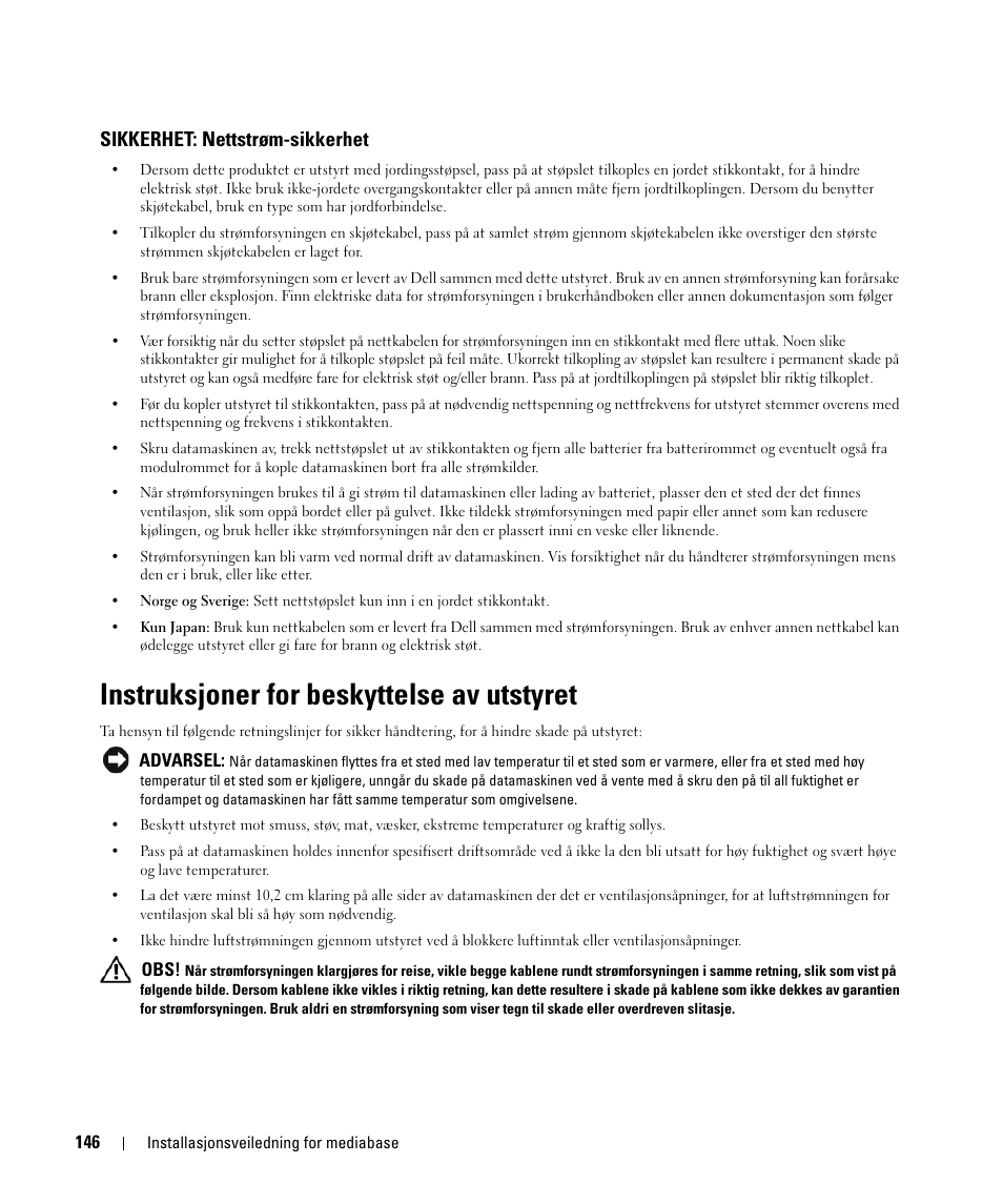 Sikkerhet: nettstrøm-sikkerhet, Instruksjoner for beskyttelse av utstyret | Dell Latitude D430 User Manual | Page 148 / 250