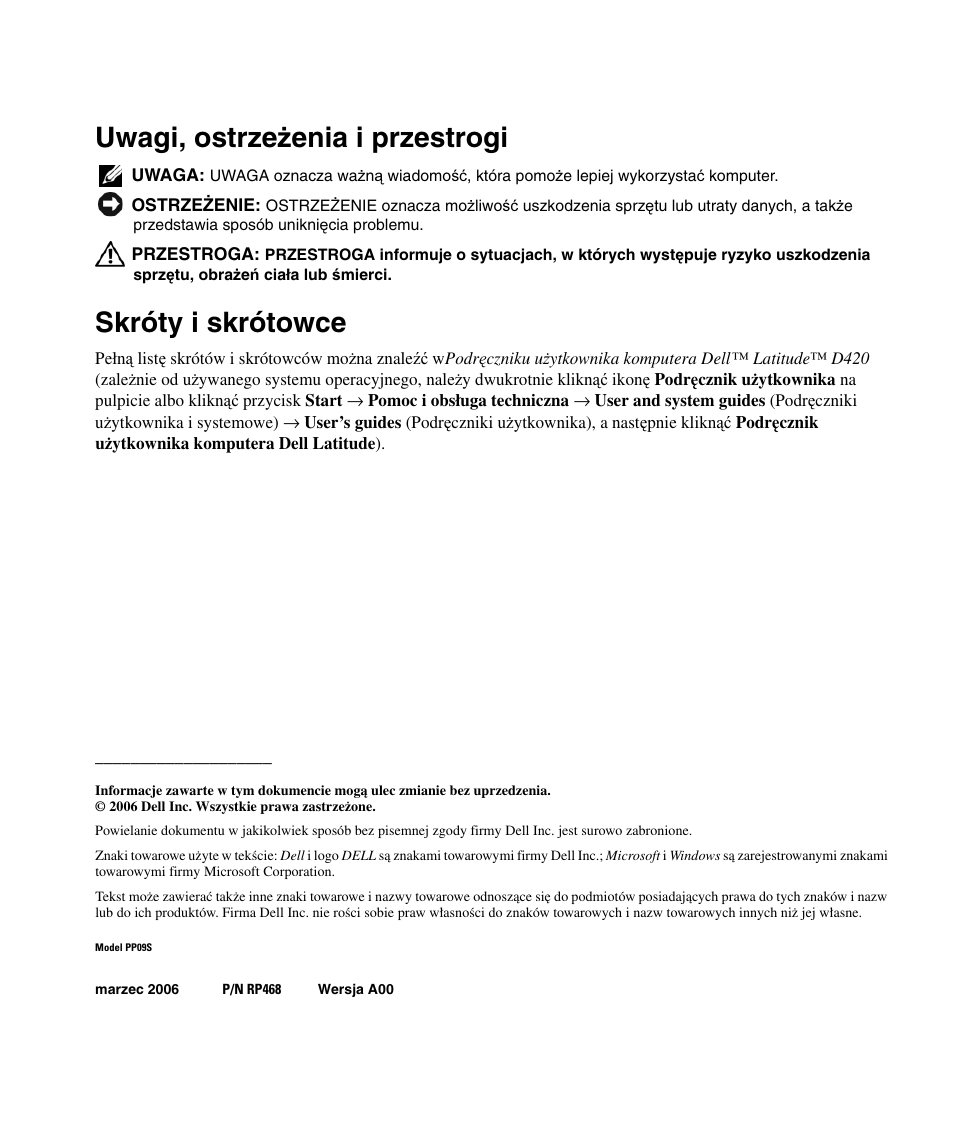 Uwagi, ostrze ż enia i przestrogi, Skróty i skrótowce | Dell Latitude D430 User Manual | Page 166 / 250