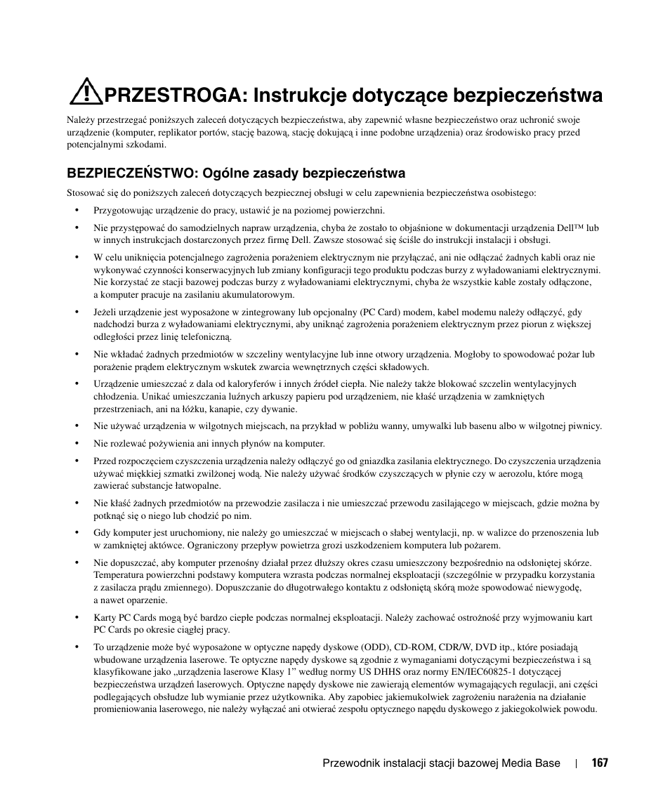 Przestroga: instrukcje dotyczące bezpieczeństwa, Bezpieczeństwo: ogólne zasady bezpieczeństwa, Przestroga: instrukcje dotycz | Ą ce bezpiecze ń stwa, Bezpiecze, Ństwo: ogólne zasady bezpieczeństwa, Bezpiecze ń stwo: ogólne zasady bezpiecze ń stwa | Dell Latitude D430 User Manual | Page 169 / 250