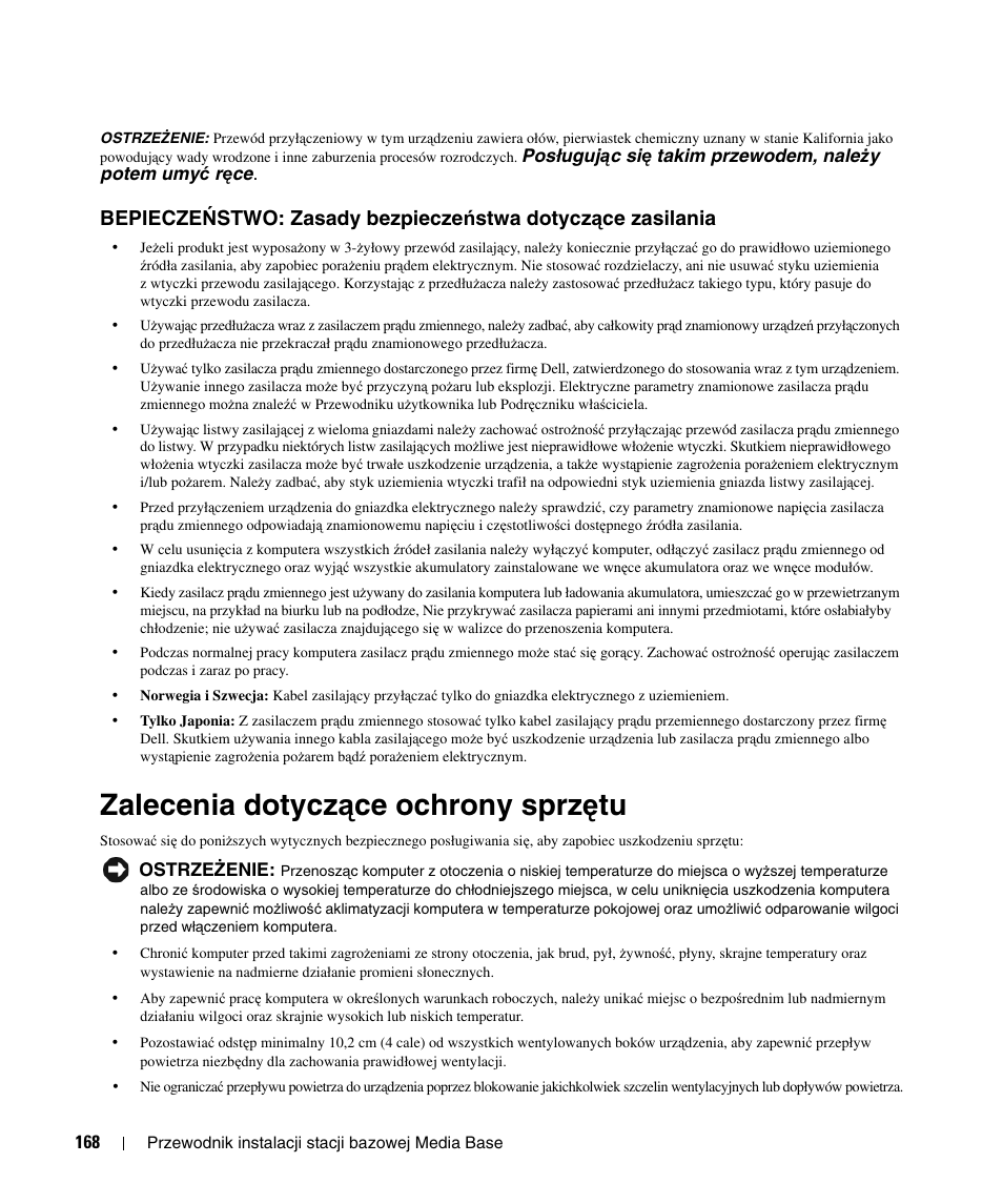Zalecenia dotyczące ochrony sprzętu, Bepiecze, Ństwo: zasady bezpieczeństwa | Dotycz, Ące zasilania, Zalecenia dotycz, Ą ce ochrony sprz ę tu, Zalecenia dotycz ą ce ochrony sprz ę tu | Dell Latitude D430 User Manual | Page 170 / 250