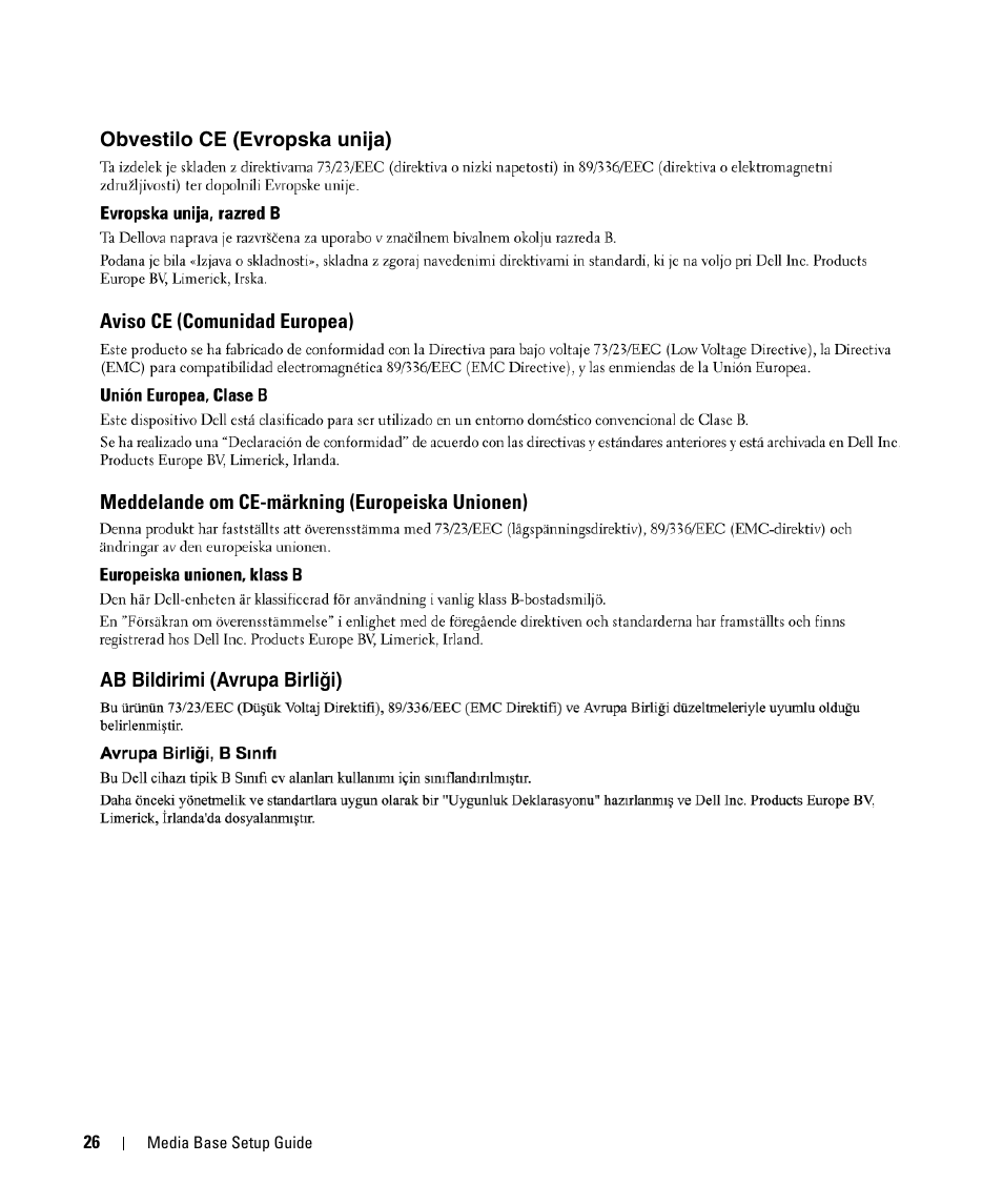 Obvestilo ce (evropska unija), Aviso ce (comunidad europea), Meddelande om ce-märkning (europeiska unionen) | Ab bildirimi (avrupa birliği), Ab bildirimi (avrupa birli | Dell Latitude D430 User Manual | Page 28 / 250
