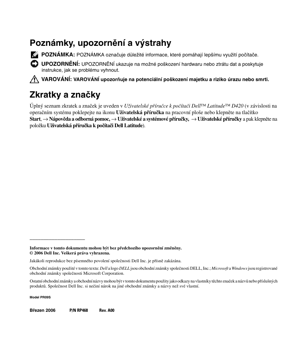 Poznámky, upozorn ě ní a výstrahy, Zkratky a zna č ky | Dell Latitude D430 User Manual | Page 34 / 250