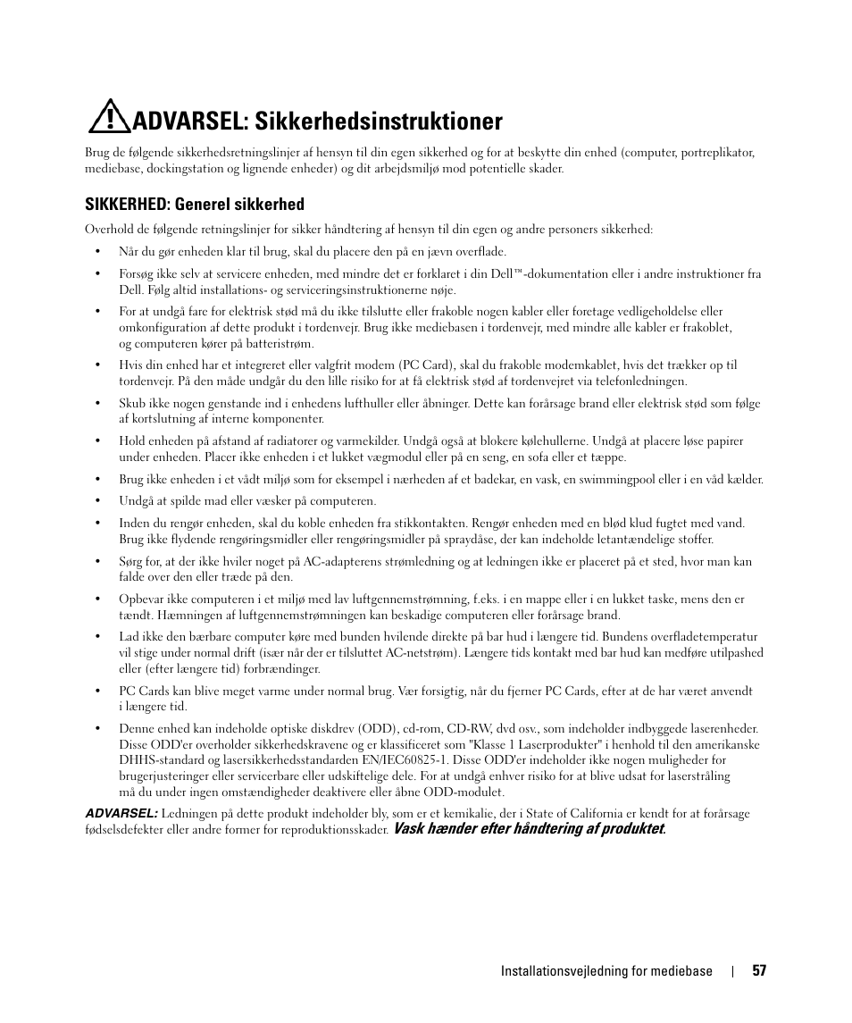 Advarsel: sikkerhedsinstruktioner, Sikkerhed: generel sikkerhed | Dell Latitude D430 User Manual | Page 59 / 250