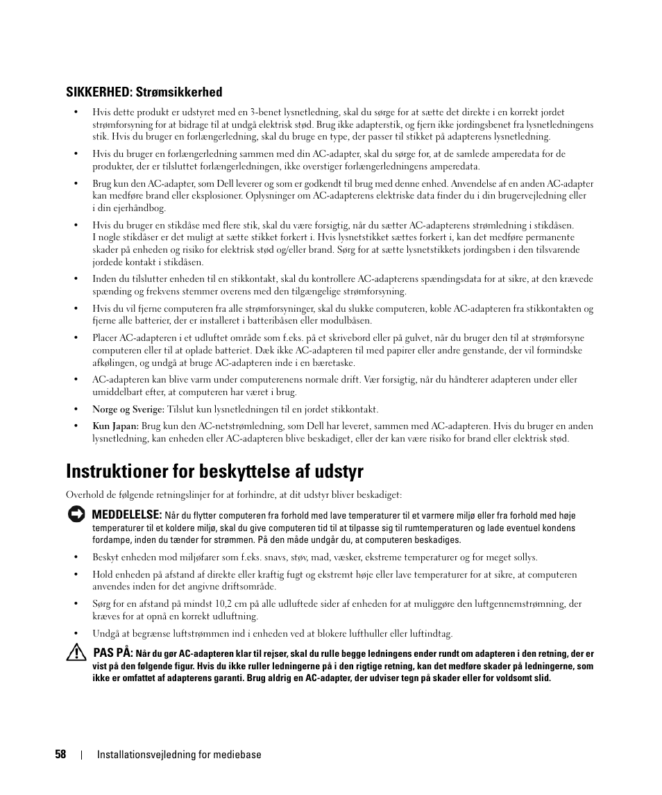 Sikkerhed: strømsikkerhed, Instruktioner for beskyttelse af udstyr | Dell Latitude D430 User Manual | Page 60 / 250