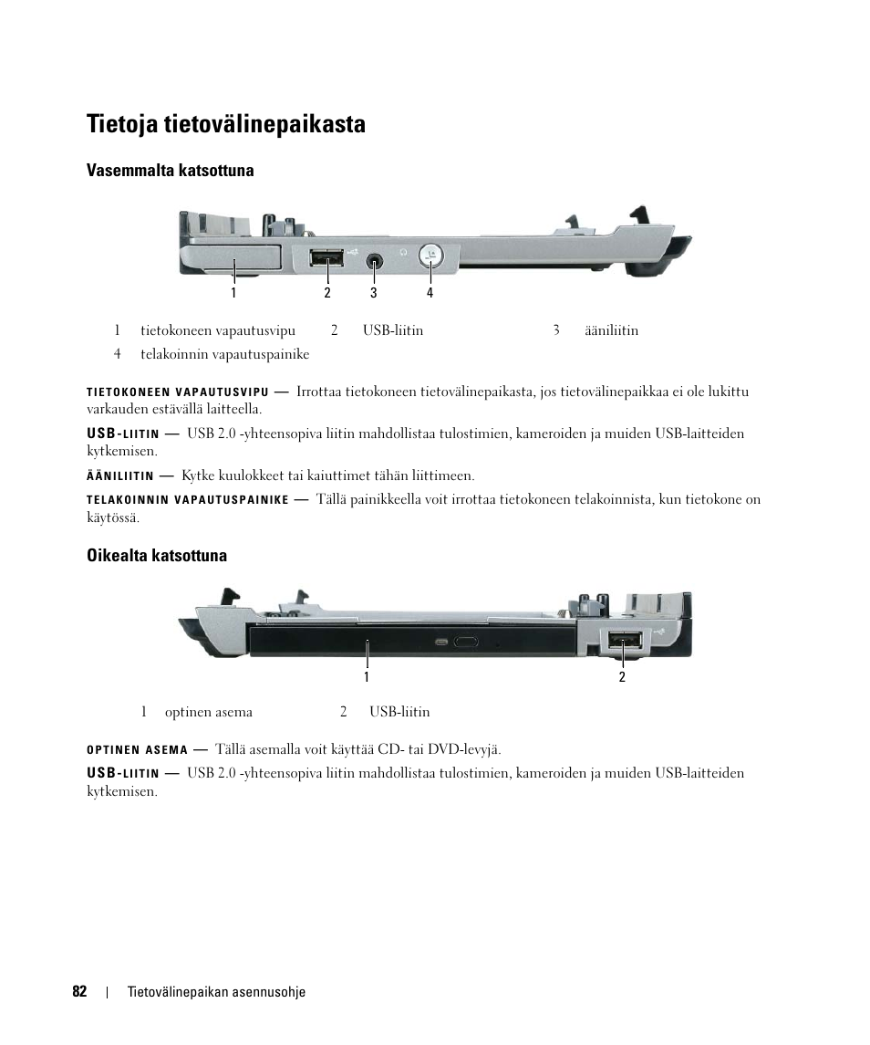 Tietoja tietovälinepaikasta, Vasemmalta katsottuna, Oikealta katsottuna | Dell Latitude D430 User Manual | Page 84 / 250