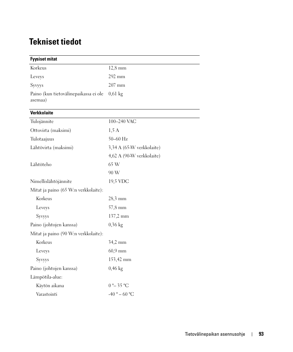 Tekniset tiedot | Dell Latitude D430 User Manual | Page 95 / 250