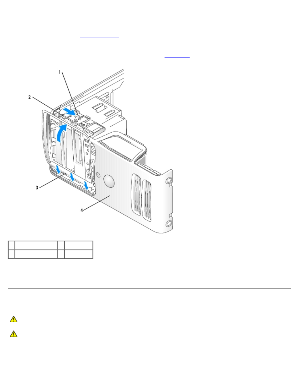 Front panel, Replacing the drive panel, Removing the front panel | Dell Dimension 5150__E510 User Manual | Page 32 / 72