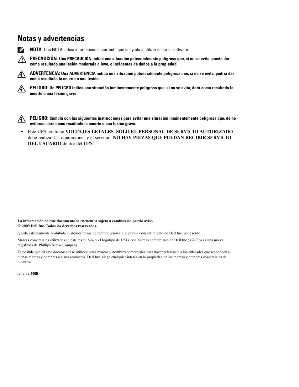 Notas y advertencias | Dell UPS 2700R User Manual | Page 72 / 152