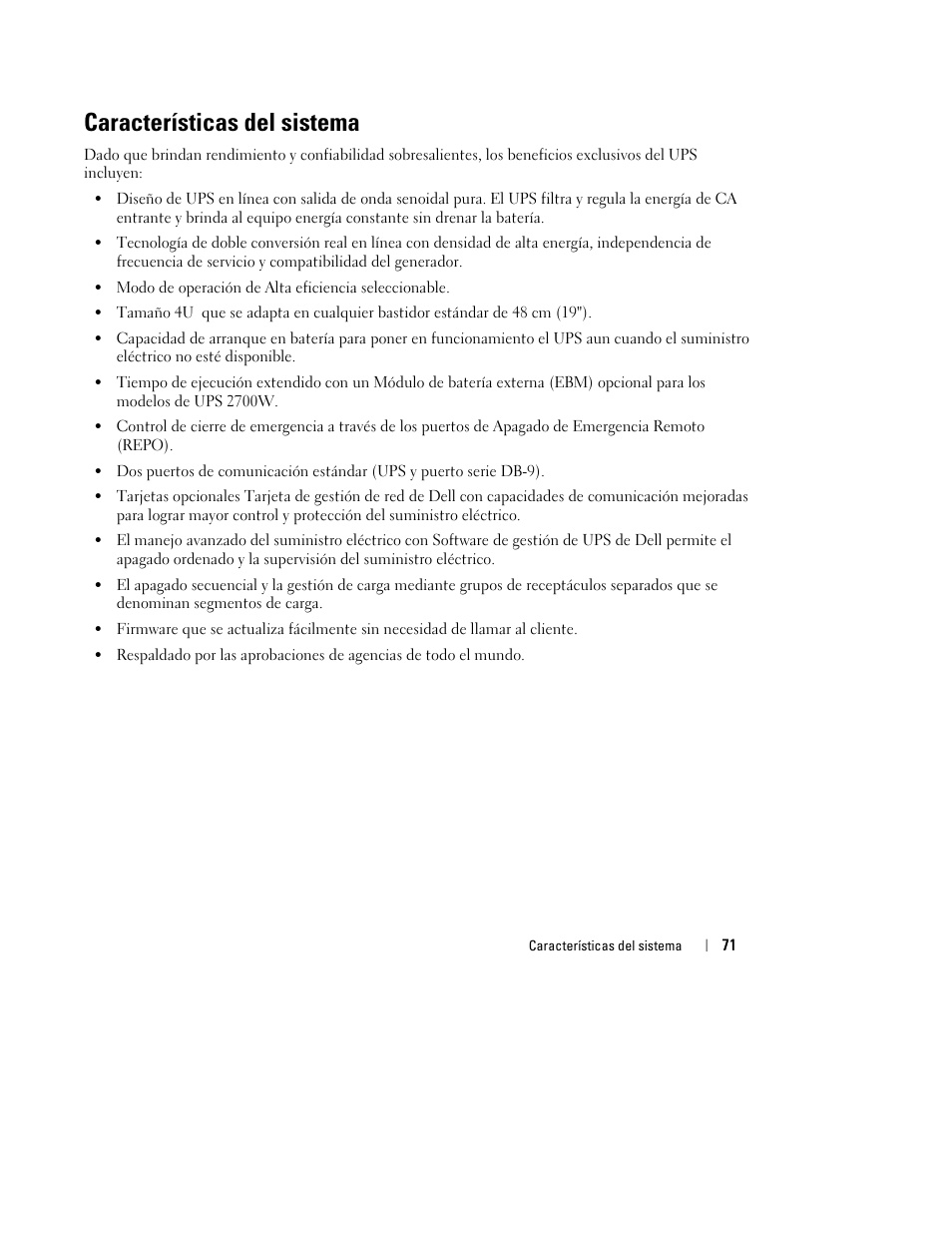 Características del sistema | Dell UPS 2700R User Manual | Page 73 / 152