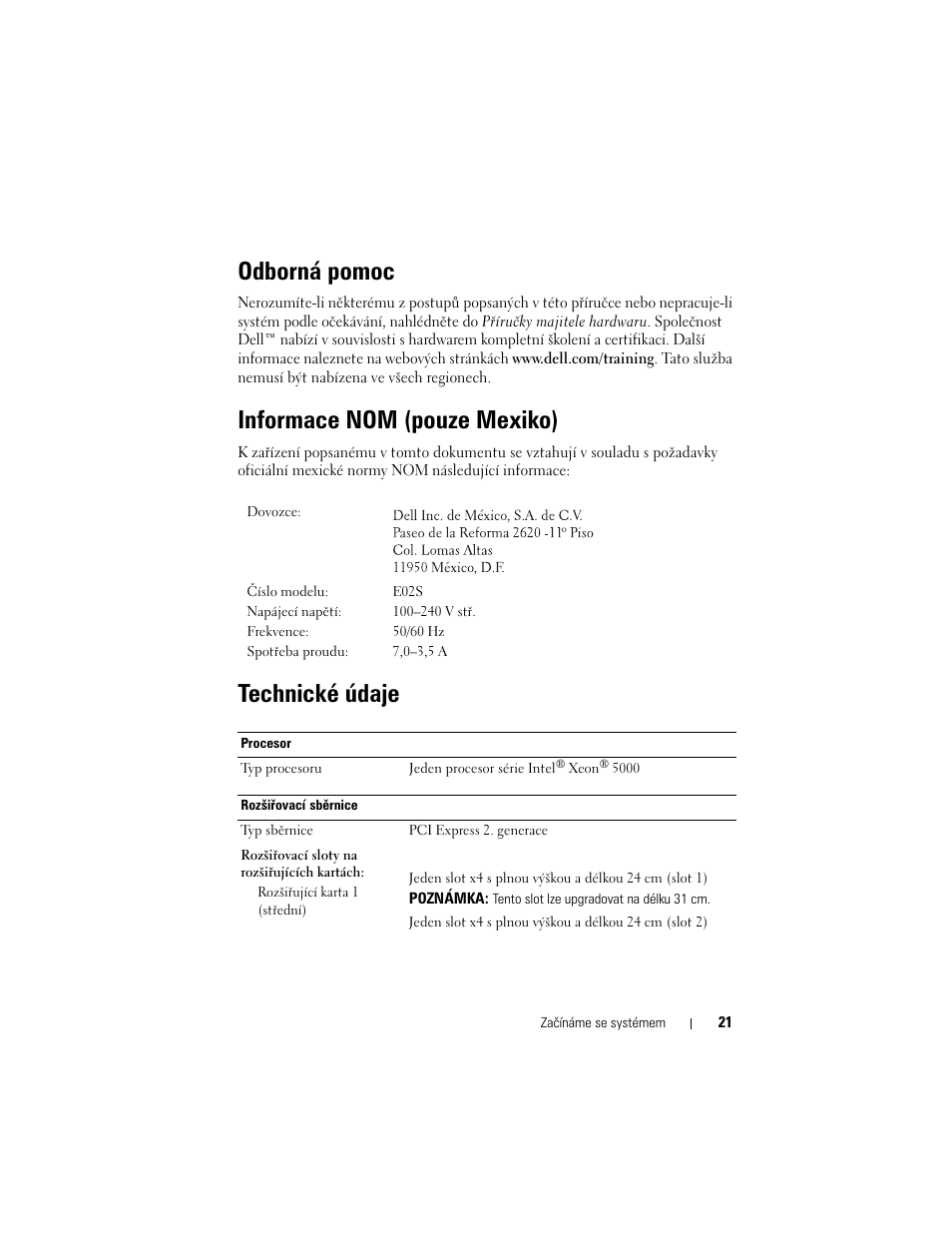 Odborná pomoc, Informace nom (pouze mexiko), Technické údaje | Dell DX6000 User Manual | Page 21 / 124