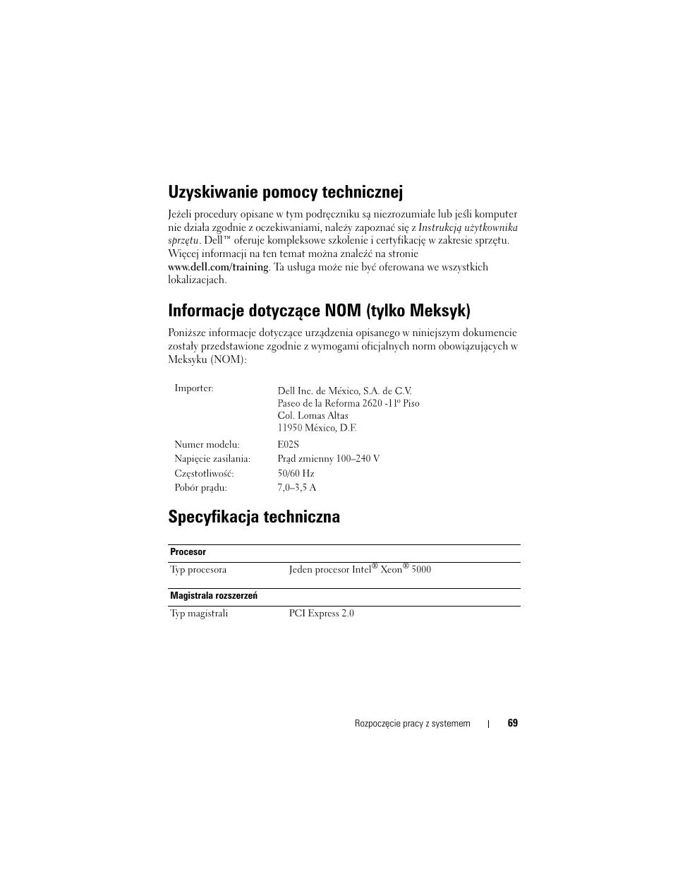 Uzyskiwanie pomocy technicznej, Informacje dotyczące nom (tylko meksyk), Specyfikacja techniczna | Dell DX6000 User Manual | Page 69 / 124