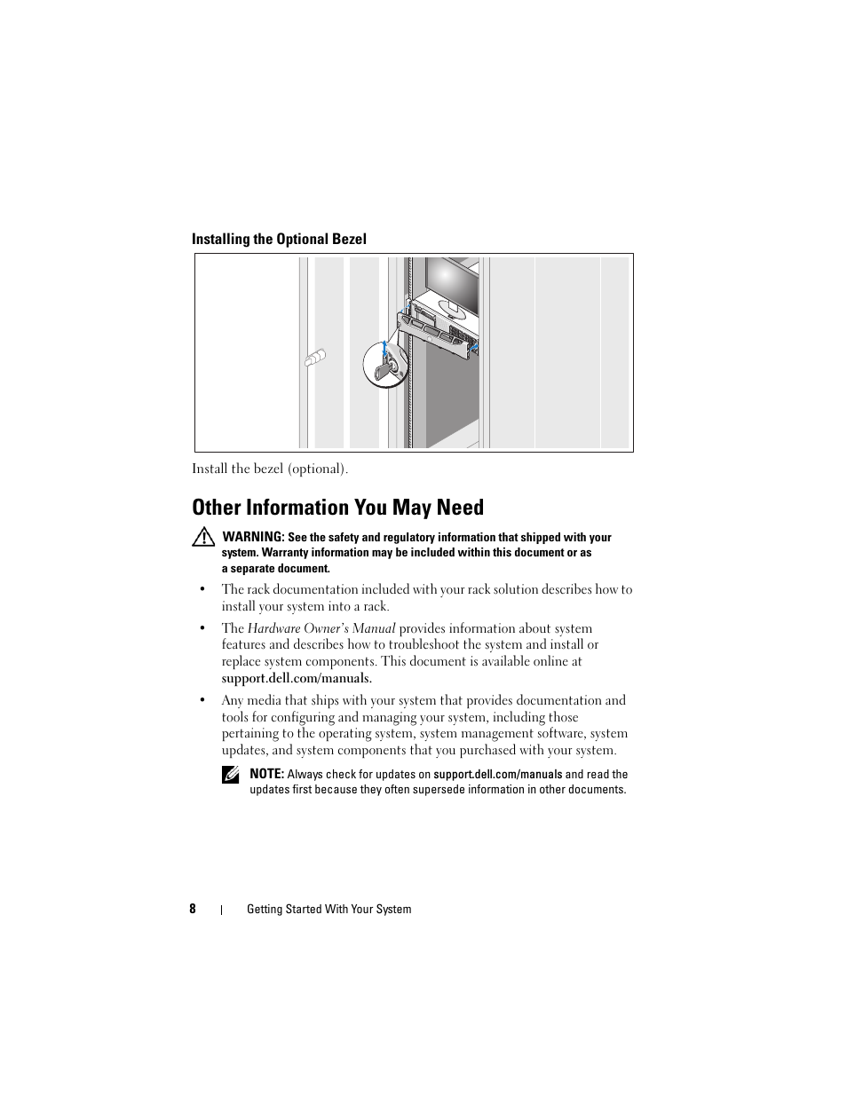 Installing the optional bezel, Other information you may need | Dell DX6000 User Manual | Page 8 / 124