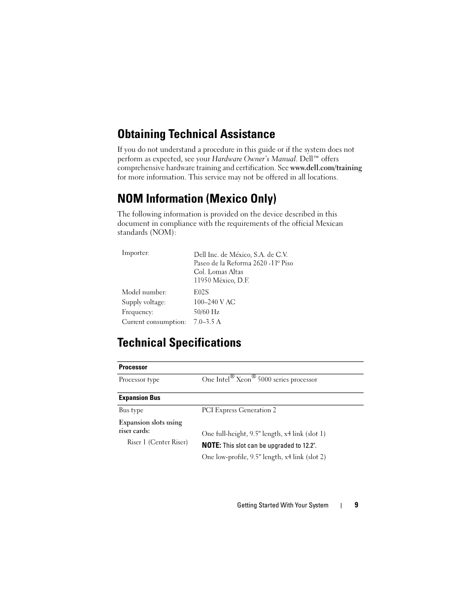 Obtaining technical assistance, Nom information (mexico only), Technical specifications | Dell DX6000 User Manual | Page 9 / 124