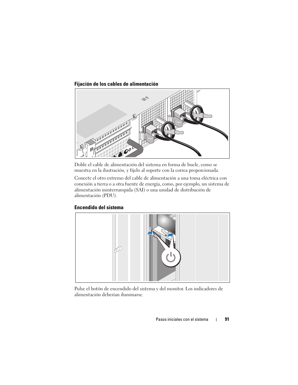 Fijación de los cables de alimentación, Encendido del sistema | Dell DX6000 User Manual | Page 91 / 124