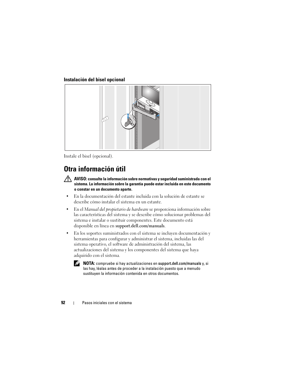 Instalación del bisel opcional, Otra información útil | Dell DX6000 User Manual | Page 92 / 124