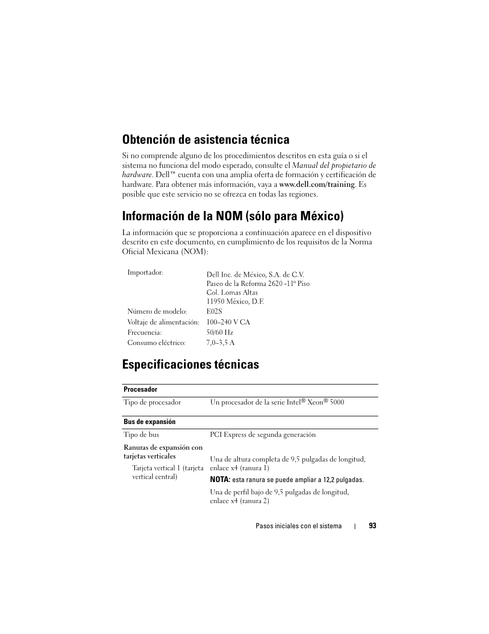 Obtención de asistencia técnica, Información de la nom (sólo para méxico), Especificaciones técnicas | Dell DX6000 User Manual | Page 93 / 124