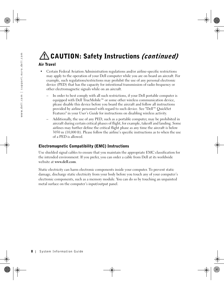 Air travel, Electromagnetic compatibility (emc) instructions, Caution: safety instructions (continued) | Dell LATITUDE D400 User Manual | Page 10 / 330