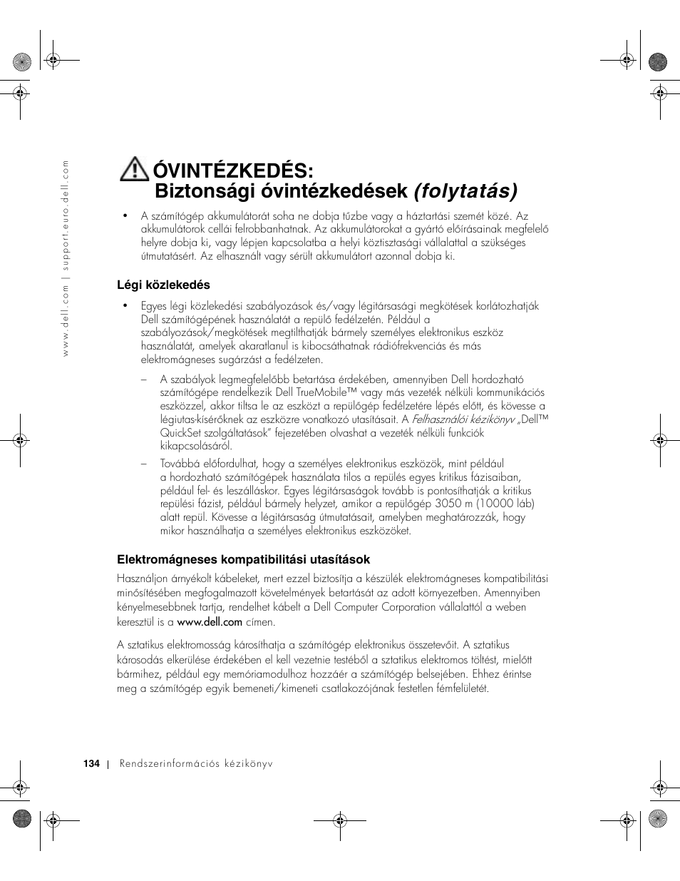 Légi közlekedés, Elektromágneses kompatibilitási utasítások | Dell LATITUDE D400 User Manual | Page 136 / 330