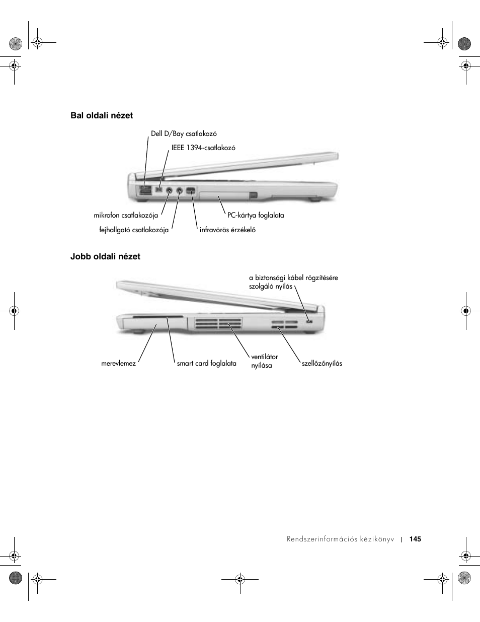 Bal oldali nézet, Jobb oldali nézet | Dell LATITUDE D400 User Manual | Page 147 / 330