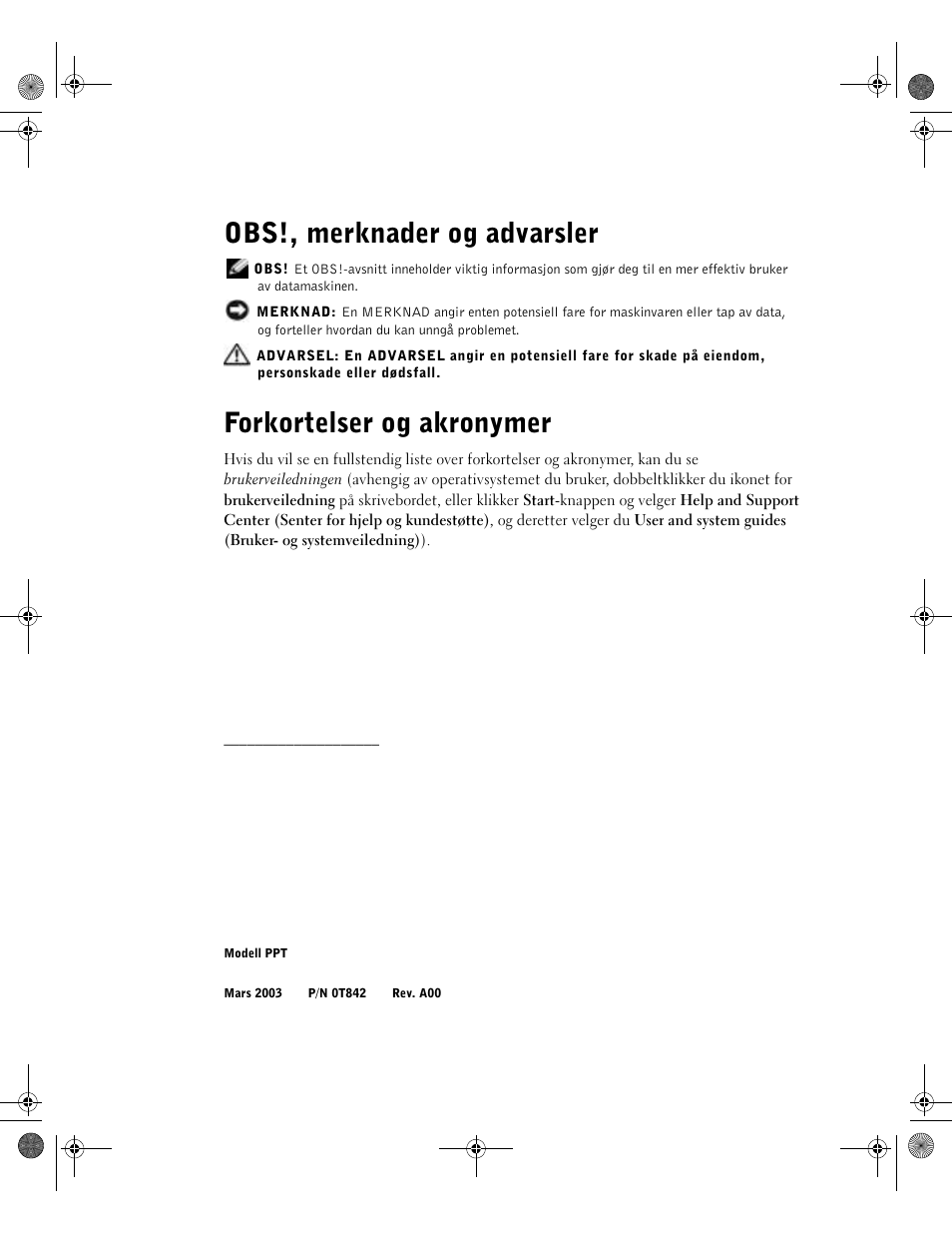 Obs!, merknader og advarsler, Forkortelser og akronymer | Dell LATITUDE D400 User Manual | Page 156 / 330
